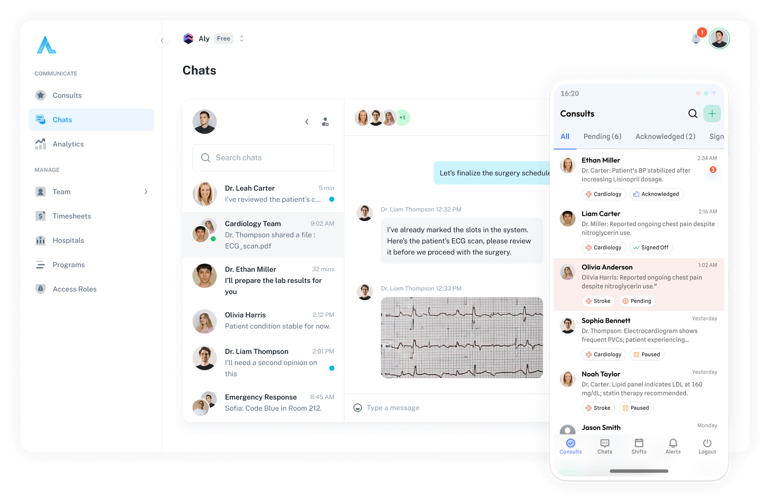 Screenshot of Aly healthcare collaboration platform interface showing messaging, patient records, and team communication features